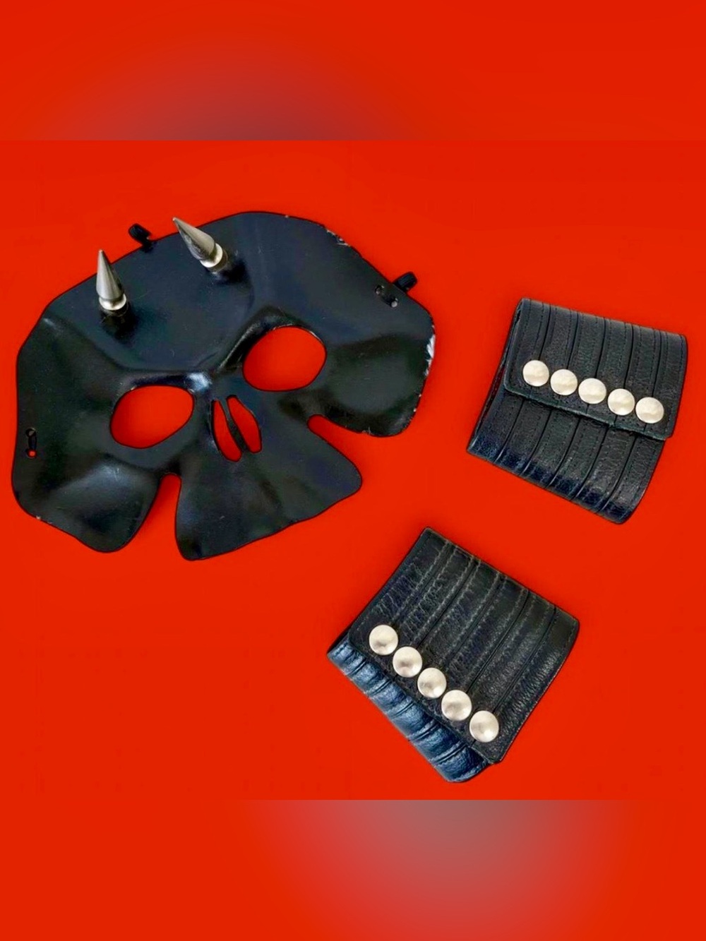 Black Leather BDSM Halloween Devil Executioner Face Mask And Leather Cuffs